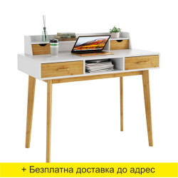 Стилна дървена маса за компютър, тоалет, работно ученическо бюро, писалище с 4 чекмеджета и 6 отделения в натурален дървесен цвят с бели страници