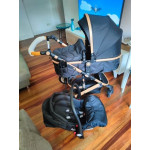 Стабилна бебешка количка 2 в 1 кош със сменяем наклон + обезопасяващо столче за кола, алуминиева рамка, амортисьори, подвижна дръжка, козирка, сменяемо покривало