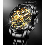 Ефектен бизнес мъжки часовник в златен, черен, сребърен и хромиран цвят, водоустойчив със светещи в тъмното стрелки 