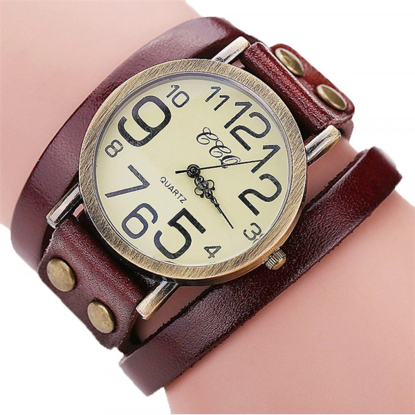 Стилен дамски часовник с ретро дизайн с дълга кожена каишка гривна и лесно закопчаване с тик так копчета и избор от 8 цвята