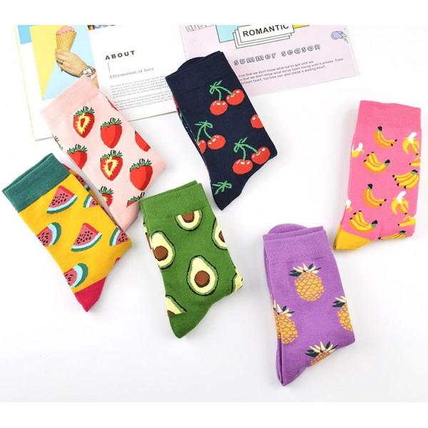 Explanation clutch dam Памучни чорапи с цветни принтове на плодове и храна, чорап с авокадо,  ананас, банан, ягоди, диня, череши - 9488
