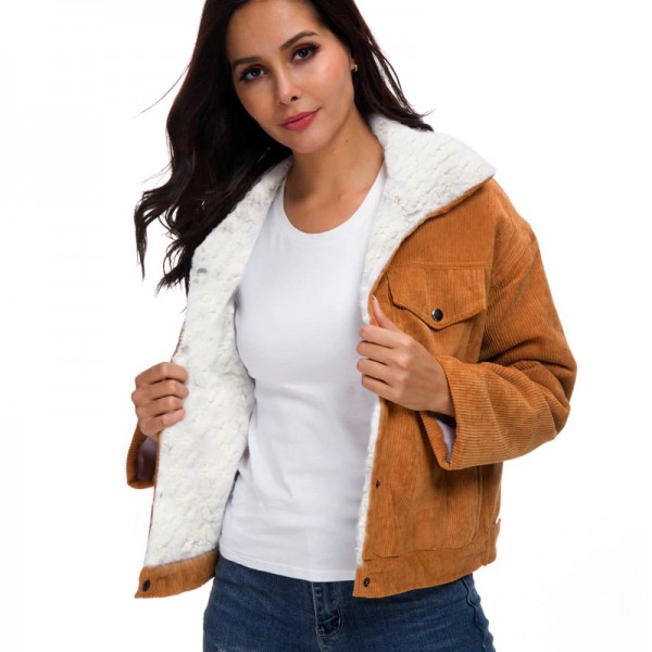 Късо джинсово яке с мека и пухкава подплата имитация на овча вълна, бомбър яке с джобове за есенно-зимно с избор от 4 цвята