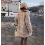 Стилно дамско карирано палто с пухче на яката, подходящо за есен и зима, яке с каре за офиса или навън 