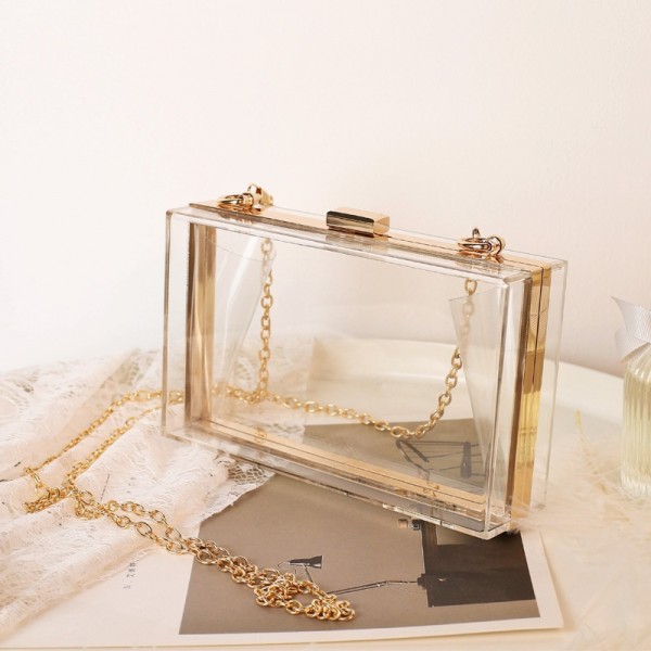 Прозрачна квадратна мини чантичка във формата на куфарче, симпатична чанта клъч бег с презрамка верига в златен цвят