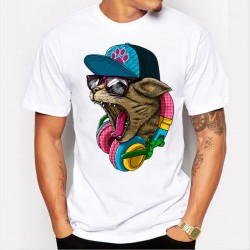 Модернa мъжкa тенискa с къс ръкав и щампа на луда котка DJ