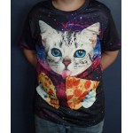Дамска тениска от полиестер с цветен принт на галактика и котка с пица