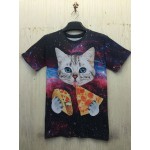 Дамска тениска от полиестер с цветен принт на галактика и котка с пица